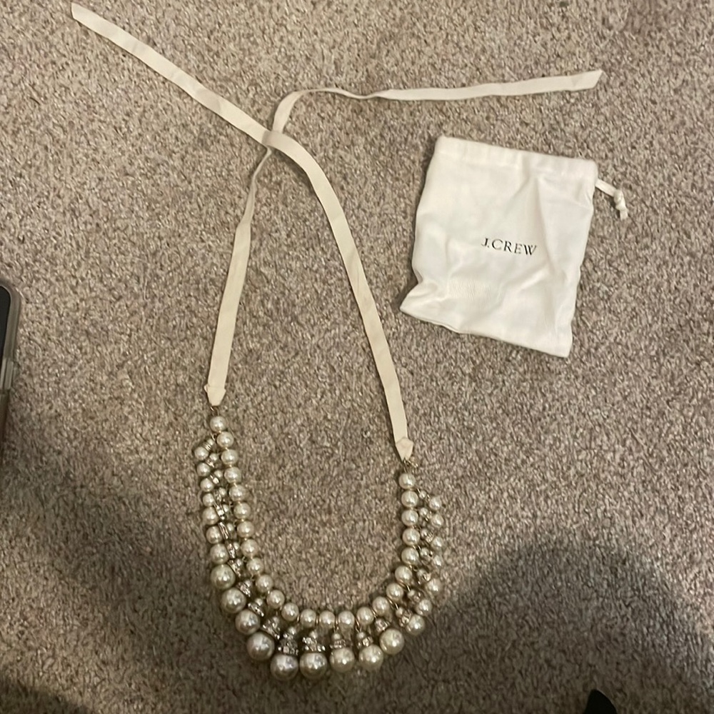 J Crew Pearl Crystal and Ribbon tie necklace
